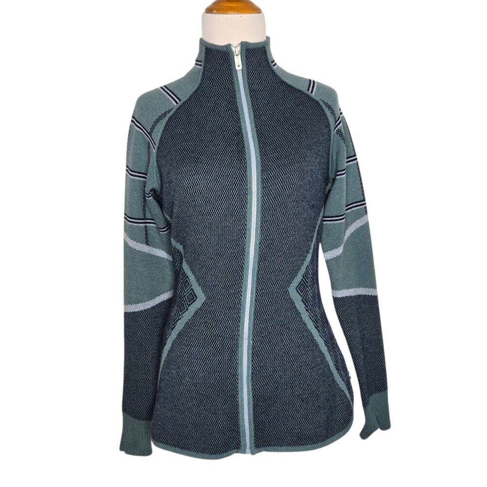Smartwool Dacono Ski Full-Zip Sweater Green Wool Geometric Women Small